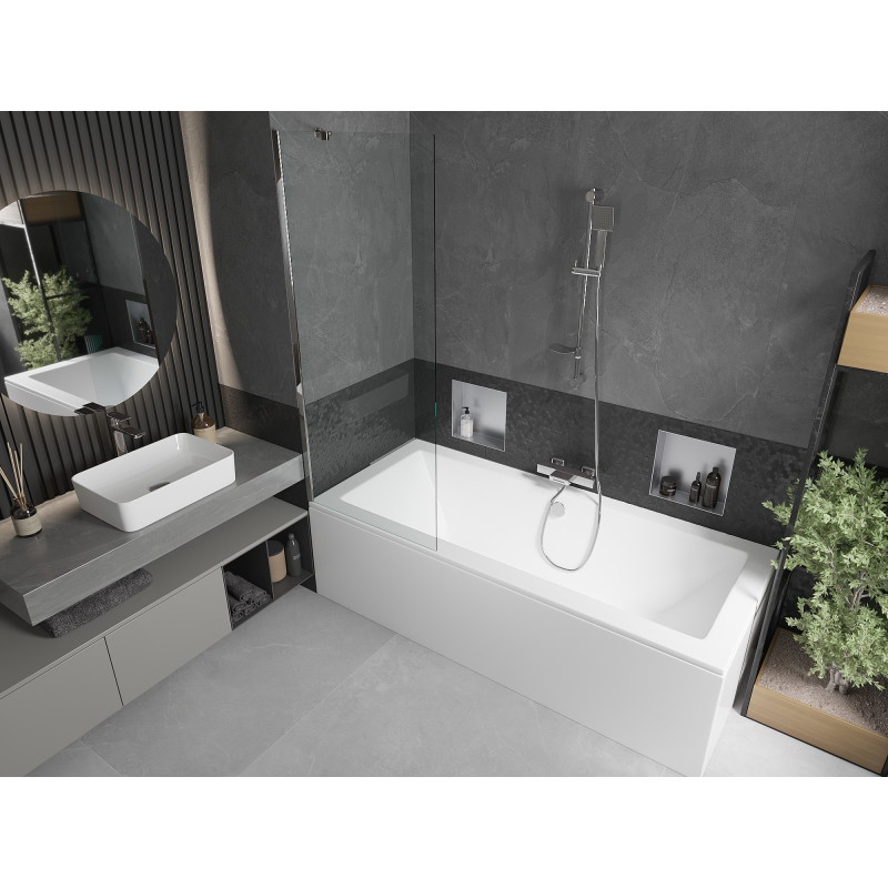 Mexen Cube rechthoekig bad 170 x 80 cm met ombouw en 1-delige vouwbare scheidingswand 70 cm, transparant, chroom