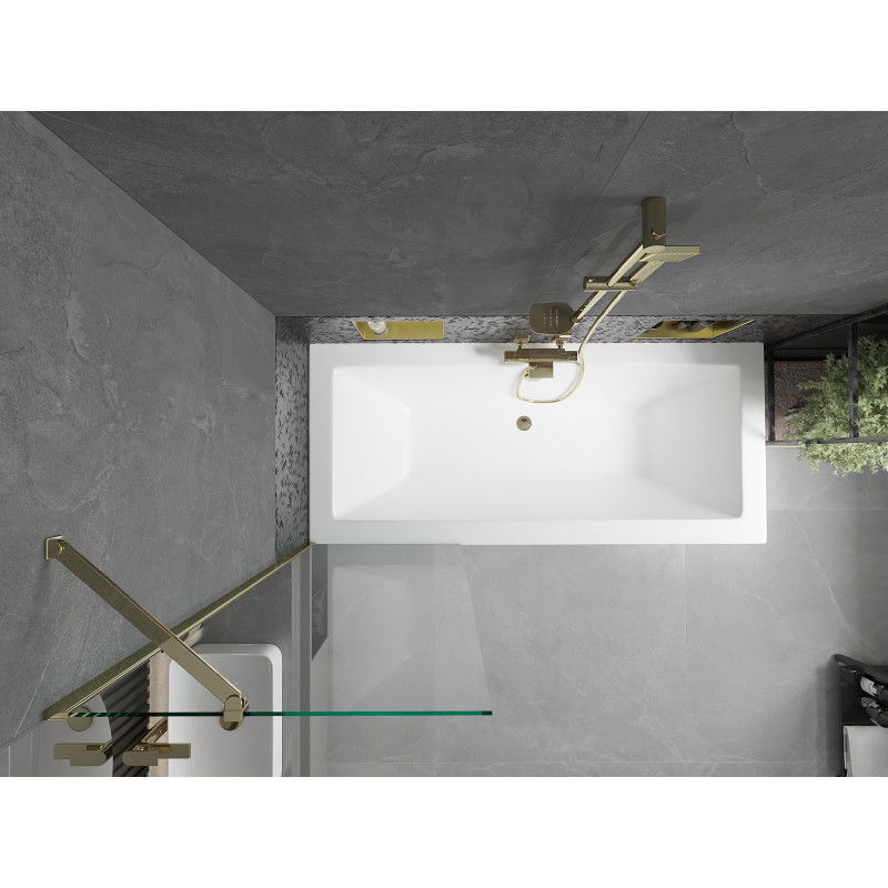 Mexen Cube Rechteckige Badewanne 180 x 80 cm mit Verkleidung und einflügeliger 60 cm Trennwand, transparent, gold