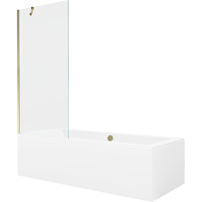 Mexen Cube bañera rectangular 180 x 80 cm con revestimiento y mampara de 1 hoja 80 cm, transparente, dorado