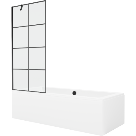 Mexen Cube Rechteckige Badewanne 180 x 80 cm mit Verkleidung und 1-flügeliger Duschwand 80 cm, schwarzes Muster