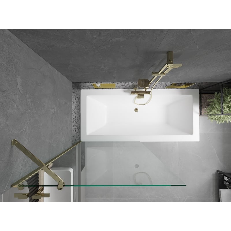 Mexen Cube vasca rettangolare 180 x 80 cm con pannellatura e paravento a 1 anta 90 cm, trasparente, oro - 550518080X9509000050