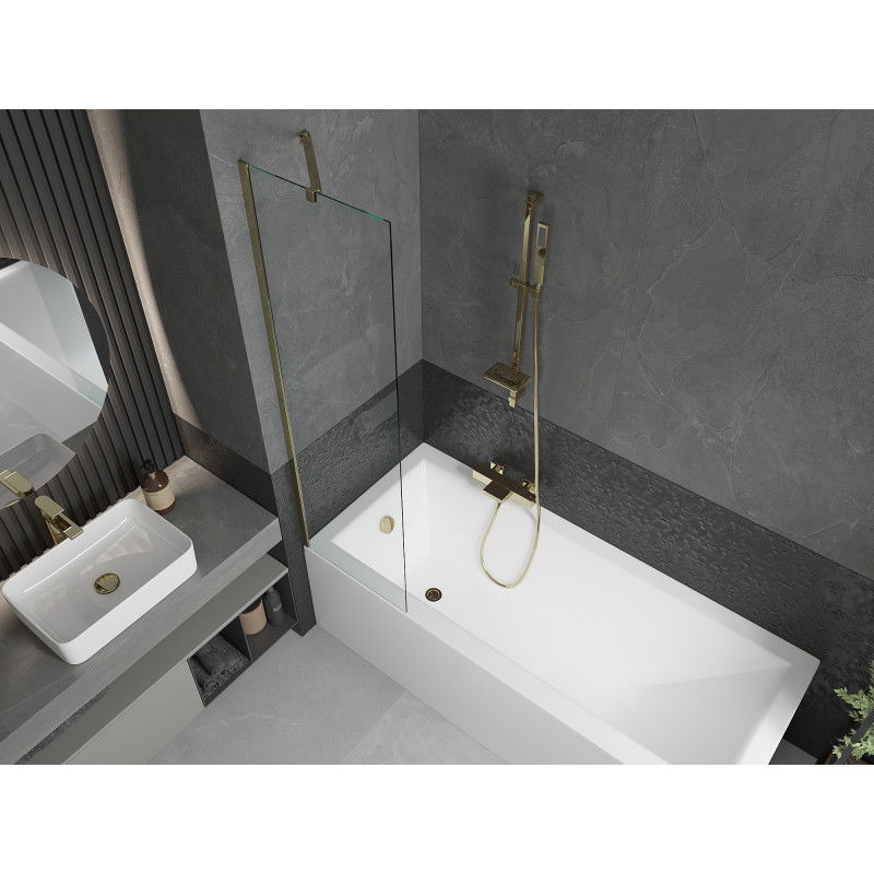 Mexen Cubik vasca rettangolare 150 x 70 cm con pannello e schermo a 1 anta da 50 cm, trasparente, oro - 550315070X9505000050