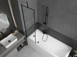 Mexen Cubik rechthoekig bad 150 x 70 cm met ombouw en 1-delige douchewand 50 cm, zwart patroon - 550315070X9505007070