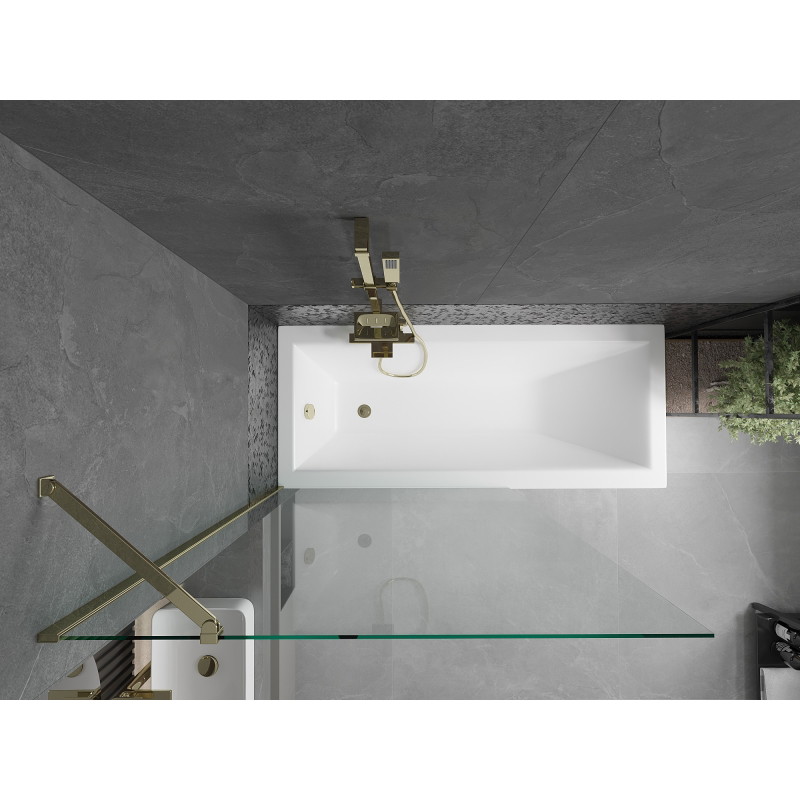 Mexen Cubik rechthoekig bad 150 x 70 cm met ombouw en een vleugelscherm 100 cm, transparant, goud - 550315070X9510000050