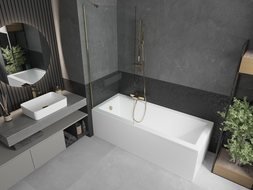 Mexen Cubik rechthoekig bad 160 x 70 cm met ombouw en 1-deurs scherm 80 cm, transparant, goud - 550316070X9508000050