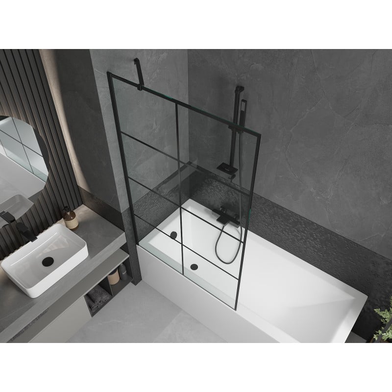 Mexen Cubik vasca da bagno rettangolare 170 x 70 cm con rivestimento e paravento a 1 anta 100 cm, motivo nero