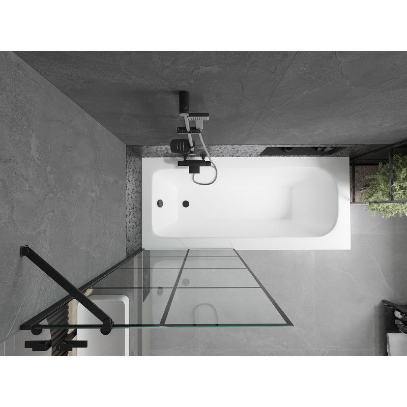 Mexen Vega Rechteckige Badewanne 150 x 70 cm mit Verkleidung und einflügeliger 80 cm Duschabtrennung, schwarzes Muster