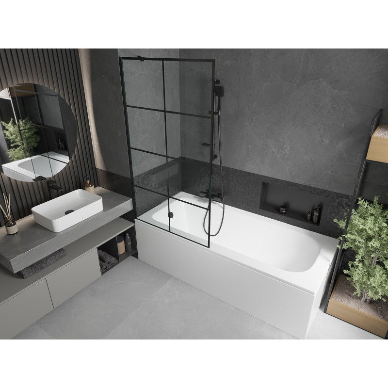 Mexen Vega Rechteckige Badewanne 150 x 70 cm mit Verkleidung und 1-flügeliger Abtrennung 90 cm, schwarzes Muster