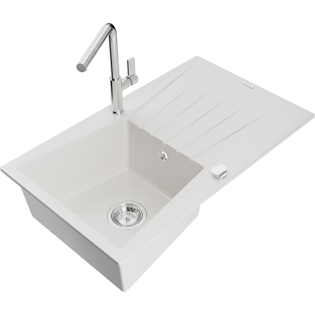 Mexen Cesar granite sink 1-bowl with drainer and Flora kitchen tap, white - 6514-20-670401-00