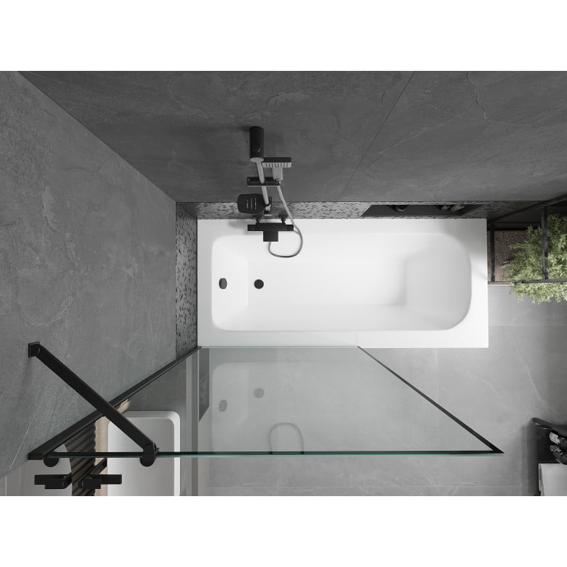 Mexen Vega Rechteckige Badewanne 150 x 70 cm mit Verkleidung und 1-flügeliger Duschabtrennung 100 cm, schwarzes Muster