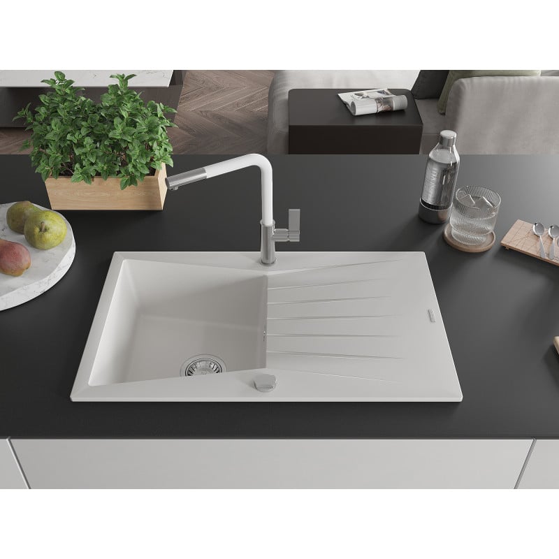 Mexen Cesar granite kitchen sink 1-bowl with drainer and Flora kitchen tap, white - 6514-20-670401-02