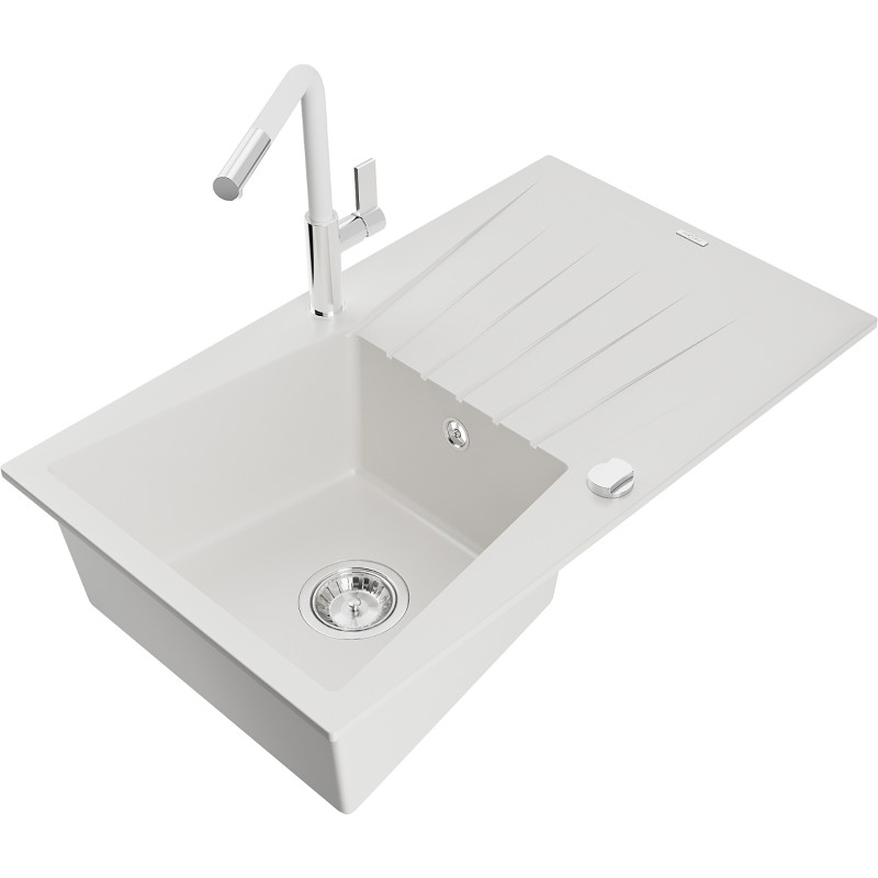 Mexen Cesar granit spoelbak 1-komorige met afdruiprek en keukenmengkraan Flora, wit - 6514-20-670401-02