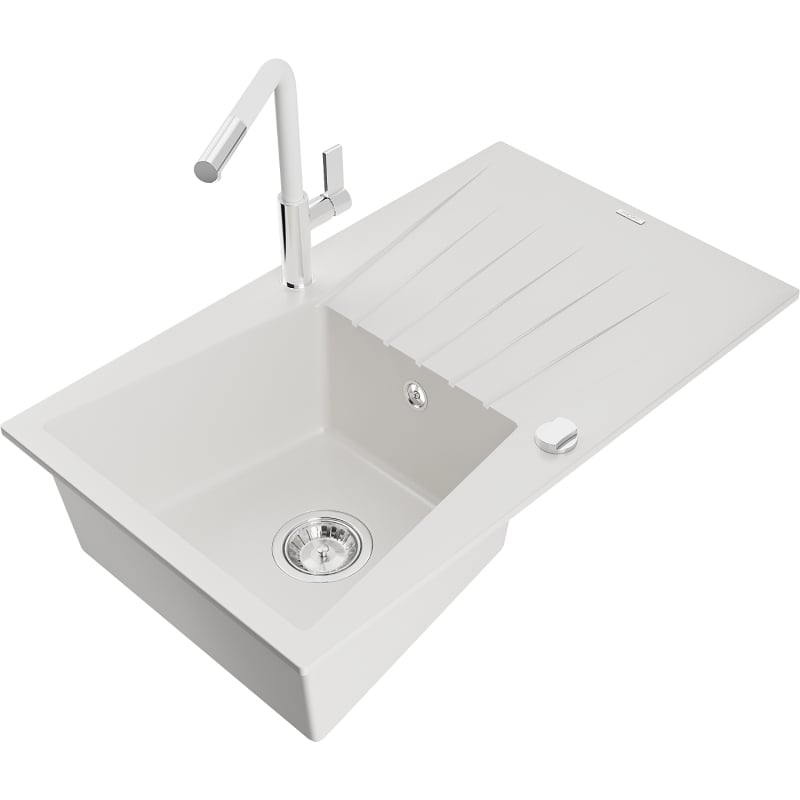 Mexen Cesar granite sink 1-bowl with drainer and Flora kitchen faucet, white - 6514-20-670401-02