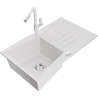 Mexen Cesar granite sink 1-bowl with drainer and Flora kitchen faucet, white - 6514-20-670401-02