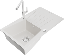 Mexen Cesar granite kitchen sink 1-bowl with drainer and Flora kitchen tap, white - 6514-20-670401-02