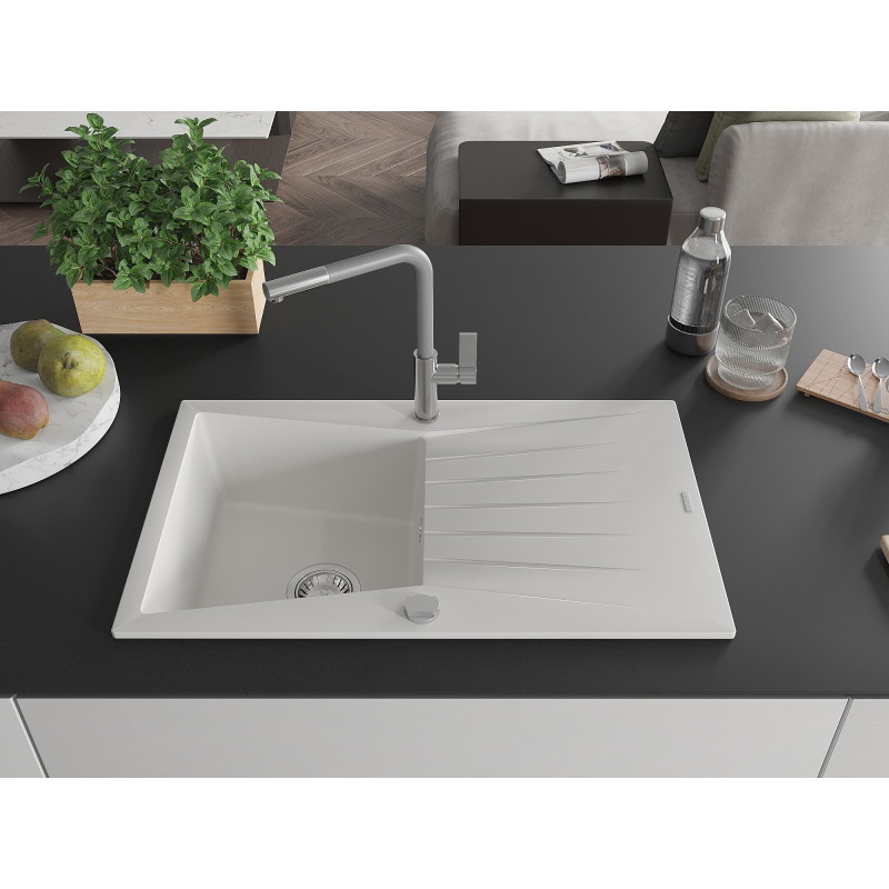 Mexen Cesar fregadero de granito de 1 seno con escurridor y grifo de cocina Flora, blanco - 6514-20-670401-06