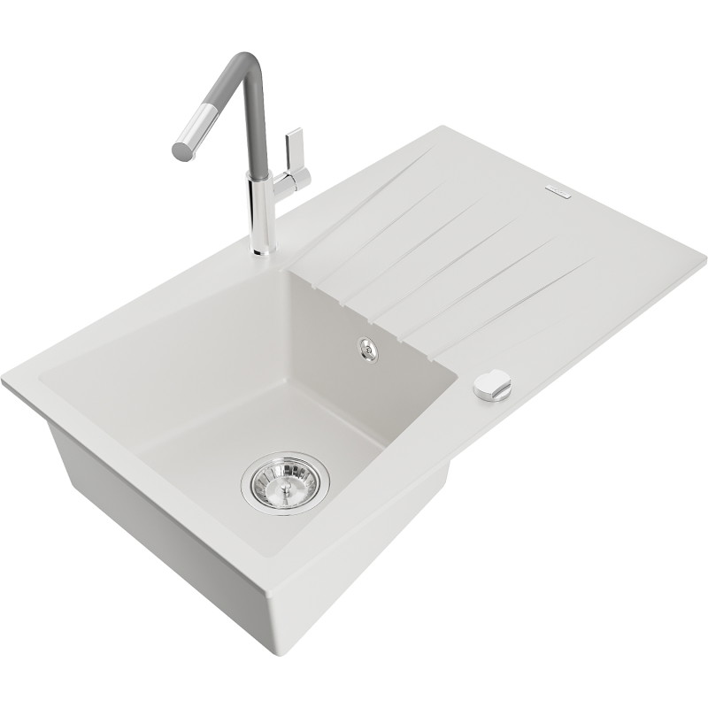 Mexen Cesar fregadero de granito de 1 cubeta con escurridor y grifo de cocina Flora, blanco - 6514-20-670401-06