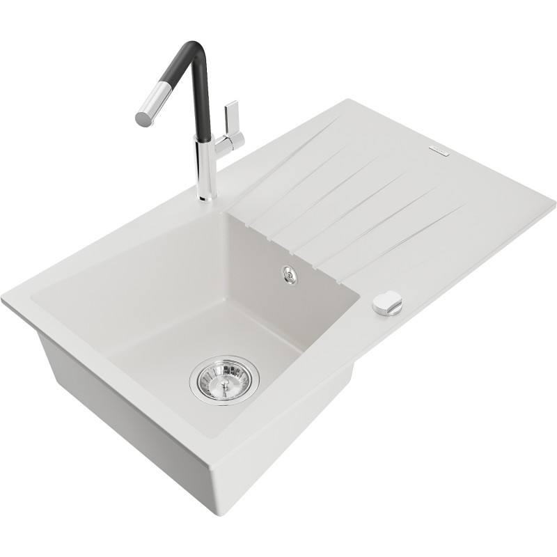 Mexen Cesar fregadero de granito de 1 seno con escurridor y grifo de cocina Flora, blanco - 6514-20-670401-07