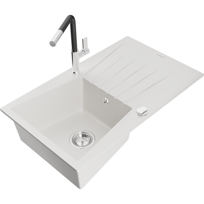 Mexen Cesar granitdiskbänk med 1 fack med avrinningsyta och köksblandare Flora, vit - 6514-20-670401-07