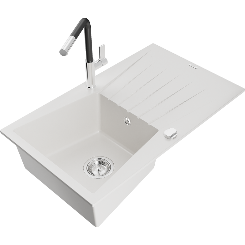 Mexen Cesar Granitspüle 1-Becken mit Abtropffläche und Küchenarmatur Flora, weiß - 6514-20-670401-07