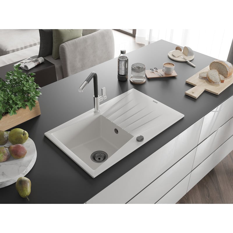 Mexen Cesar Granitspüle 1-Becken mit Abtropffläche und Küchenarmatur Flora, weiß - 6514-20-670401-07-B