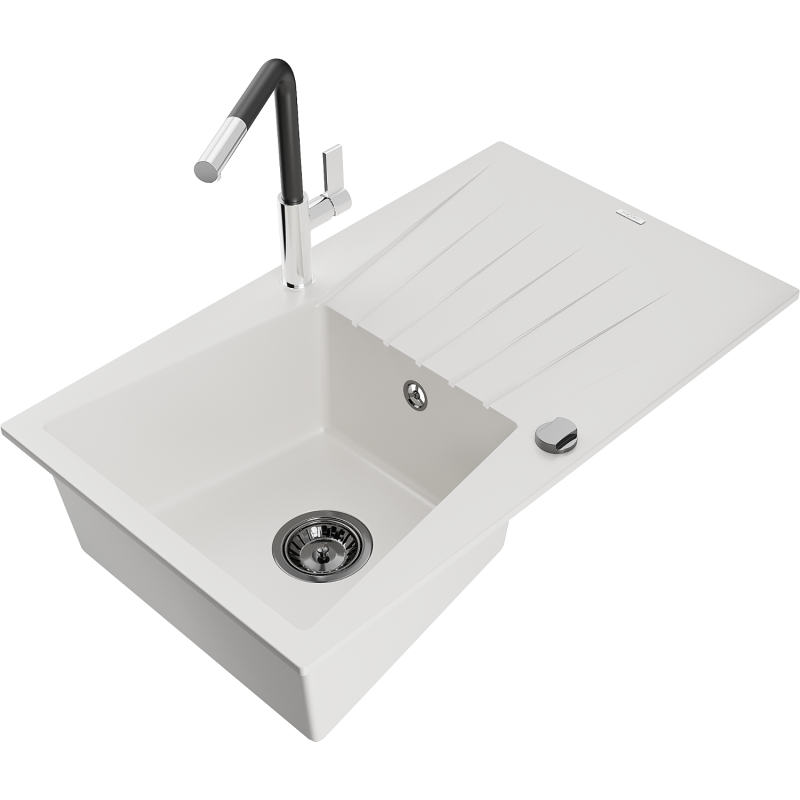 Mexen Cesar 1-bowl granite sink with drainer and Flora kitchen tap, white - 6514-20-670401-07-B