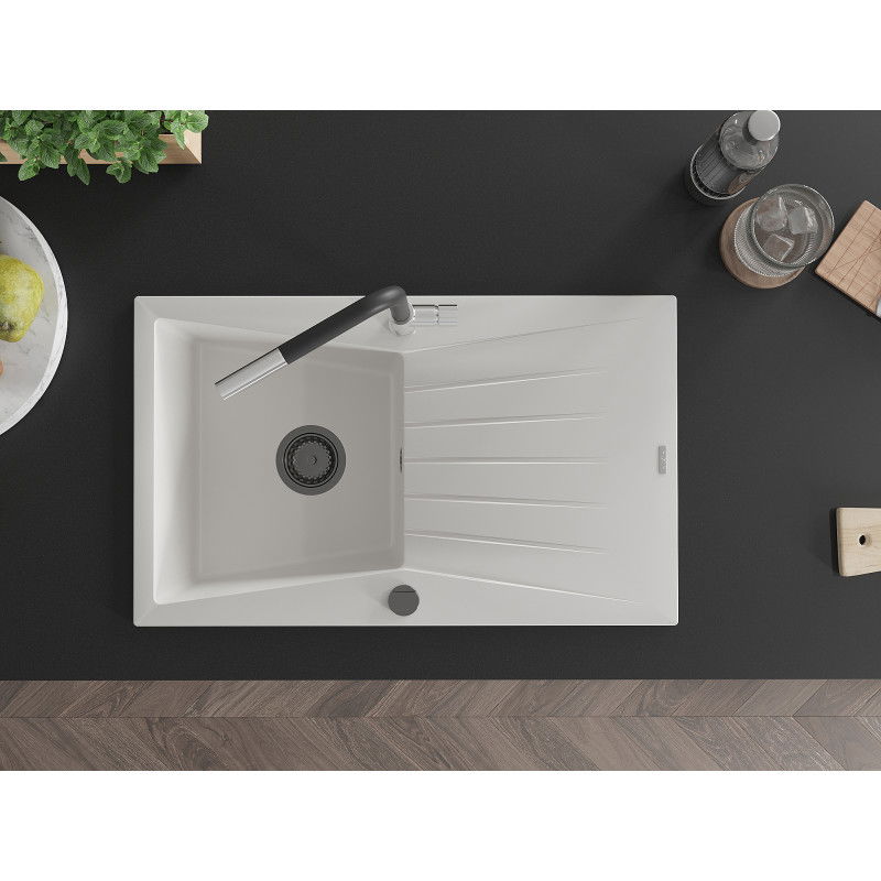 Mexen Cesar 1-bowl granite sink with drainer and Flora kitchen tap, white - 6514-20-670401-07-B
