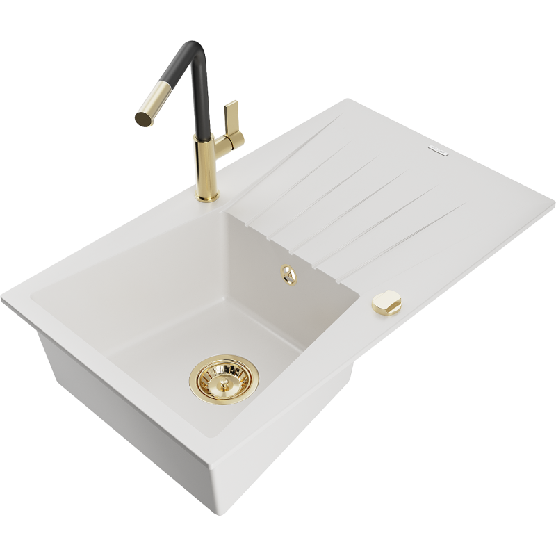Mexen Cesar 1-bowl granite sink with drainer and Flora kitchen tap, white - 6514-20-670401-57-G