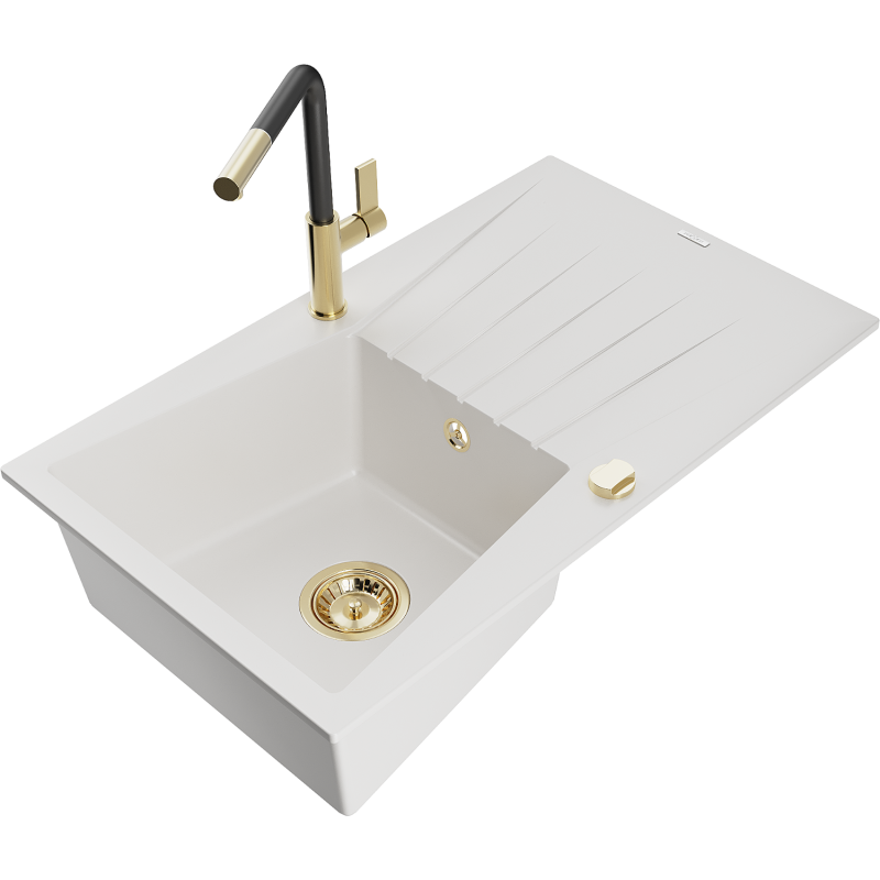 Mexen Cesar fregadero de granito de 1 seno con escurridor y grifo de cocina Flora, blanco - 6514-20-670401-57-G