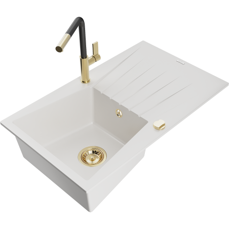 Mexen Cesar 1-bowl granite sink with drainer and Flora kitchen tap, white - 6514-20-670401-57-G