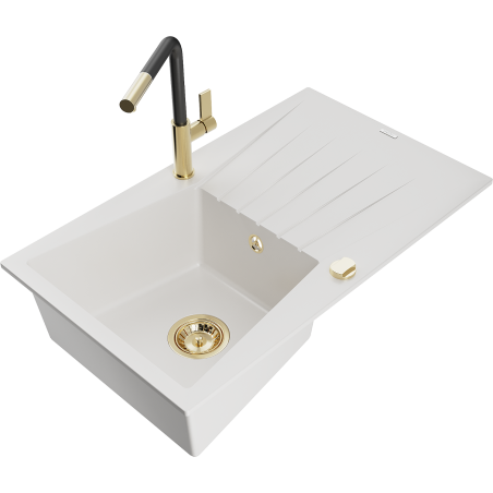 Mexen Cesar fregadero de granito de 1 seno con escurridor y grifo de cocina Flora, blanco - 6514-20-670401-57-G