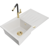 Mexen Cesar 1-bowl granite sink with drainer and Flora kitchen tap, white - 6514-20-670401-57-G