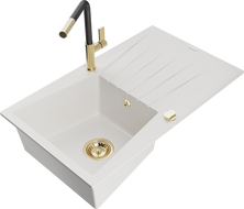 Mexen Cesar 1-bowl granite sink with drainer and Flora kitchen tap, white - 6514-20-670401-57-G