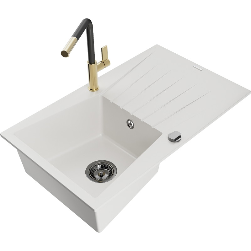 Mexen Cesar évier en granit à 1 bac avec égouttoir et robinet de cuisine Flora, blanc - 6514-20-670401-57-B