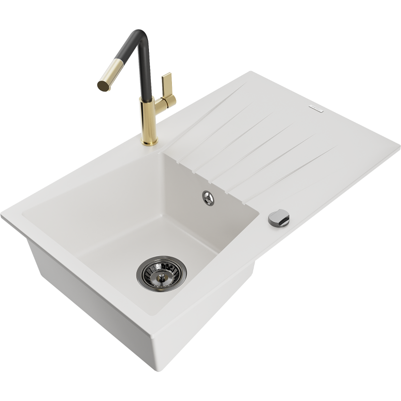 Mexen Cesar lava-loiça de granito de 1 bacia com escorredor e torneira de cozinha Flora, branco - 6514-20-670401-57-B