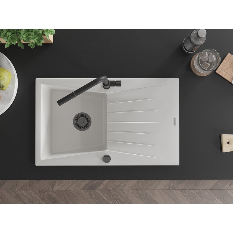 Mexen Cesar granitdiskho med 1 fack med avrinning och kökskran Flora, vit - 6514-20-670401-70-B