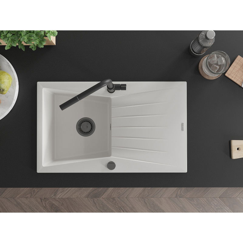Mexen Cesar Granitspüle 1-komrig mit Abtropffläche und Küchenarmatur Flora, weiß - 6514-20-670401-70-B