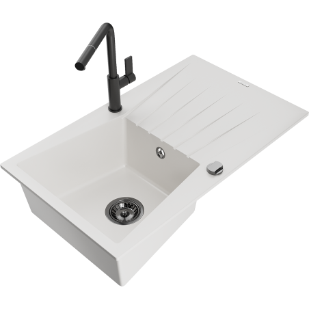 Mexen Cesar 1-Bowl Granite Sink with Drainer and Flora Kitchen Tap, White - 6514-20-670401-70-B