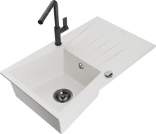 Mexen Cesar 1-Bowl Granite Sink with Drainer and Flora Kitchen Tap, White - 6514-20-670401-70-B