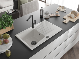 Mexen Cesar lava-louça de granito de 1 bacia com escorredor e torneira de cozinha Flora, branco - 6514-20-670401-70-B