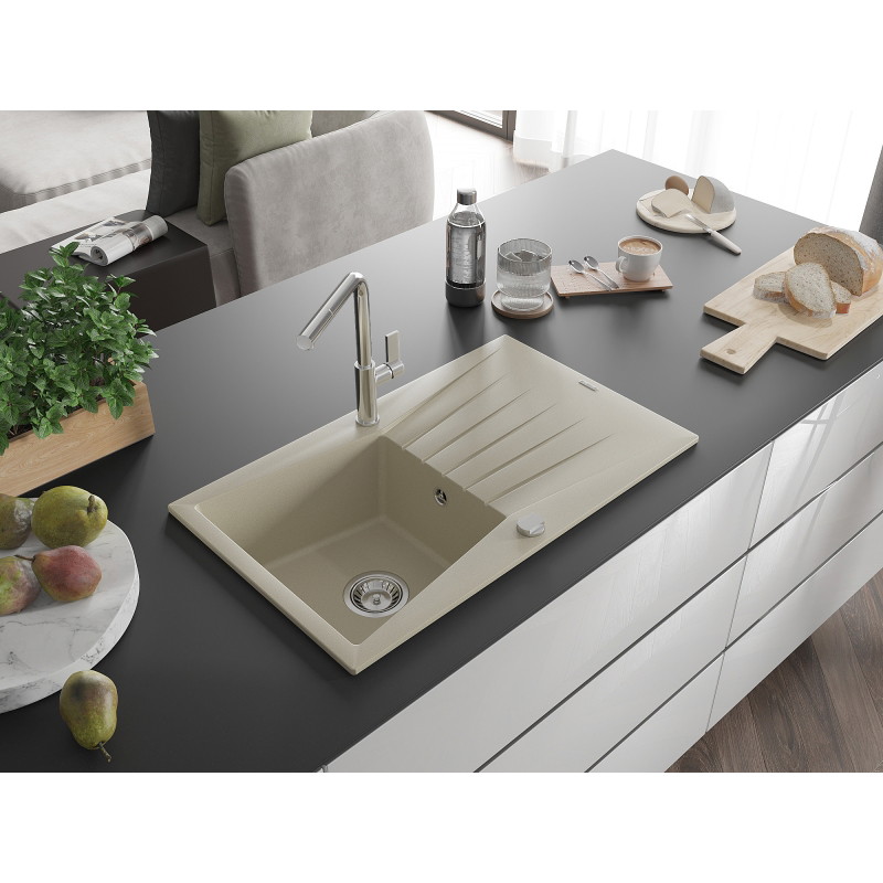 Mexen Cesar lavello in granito a 1 vasca con sgocciolatoio e rubinetto da cucina Flora, beige - 6514-69-670401-00