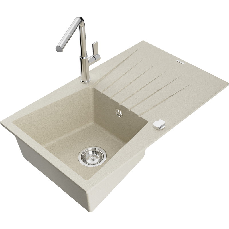 Mexen Cesar granitspüle einbecken mit abtropffläche und küchenarmatur Flora, beige - 6514-69-670401-00