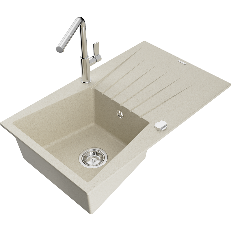 Mexen Cesar lava-louça de granito de 1 cuba com escorredor e torneira de cozinha Flora, bege - 6514-69-670401-00