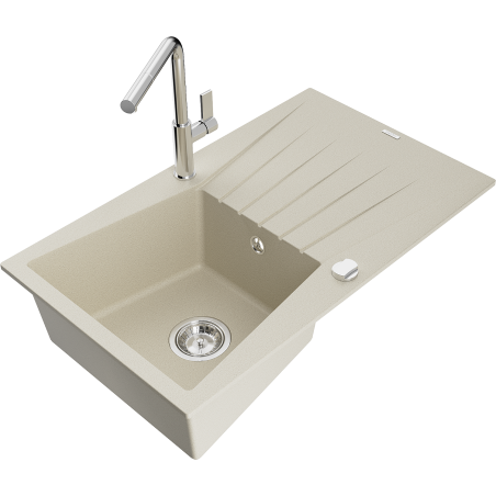 Mexen Cesar 1-bowl granite sink with drainer and Flora kitchen faucet, beige - 6514-69-670401-00