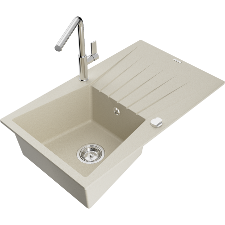 Mexen Cesar Granitspüle 1-beckig mit Abtropffläche und Küchenarmatur Flora, beige - 6514-69-670401-00