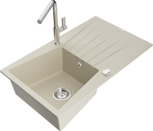 Mexen Cesar granitdiskbänk med en ho, avrinningsyta och köksblandare Flora, beige - 6514-69-670401-00