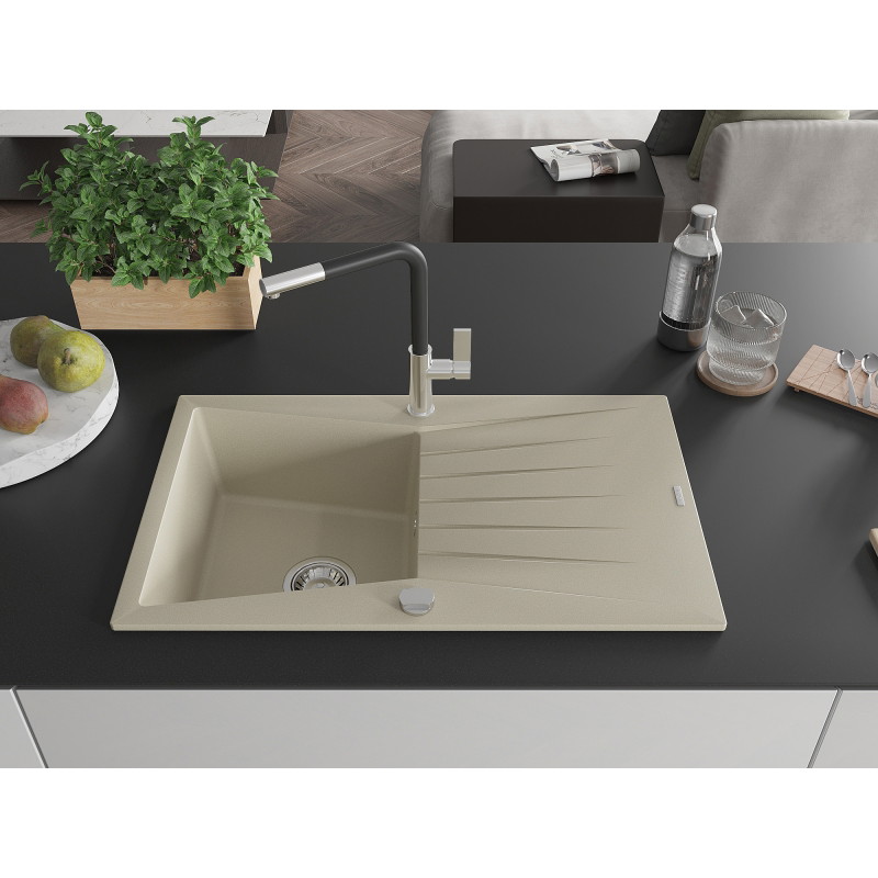 Mexen Cesar évier en granit 1-bassine avec égouttoir et robinet de cuisine Flora, beige - 6514-69-670401-07