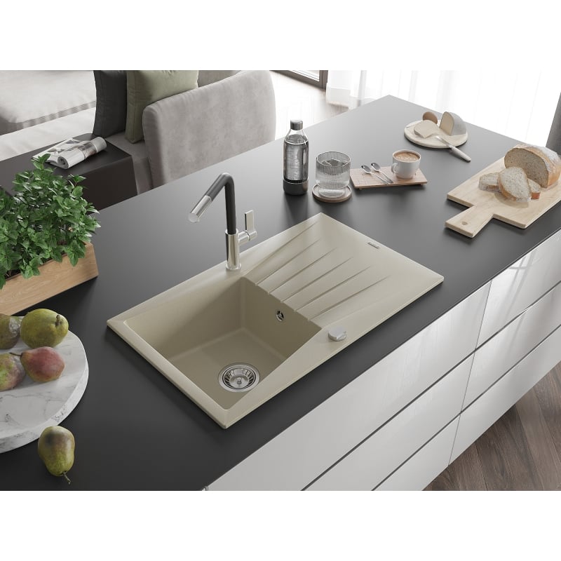 Mexen Cesar évier en granit à 1 bac avec égouttoir et robinet de cuisine Flora, beige - 6514-69-670401-07