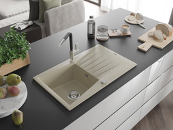 Mexen Cesar granite sink 1-bowl with drainer and Flora kitchen tap, beige - 6514-69-670401-07