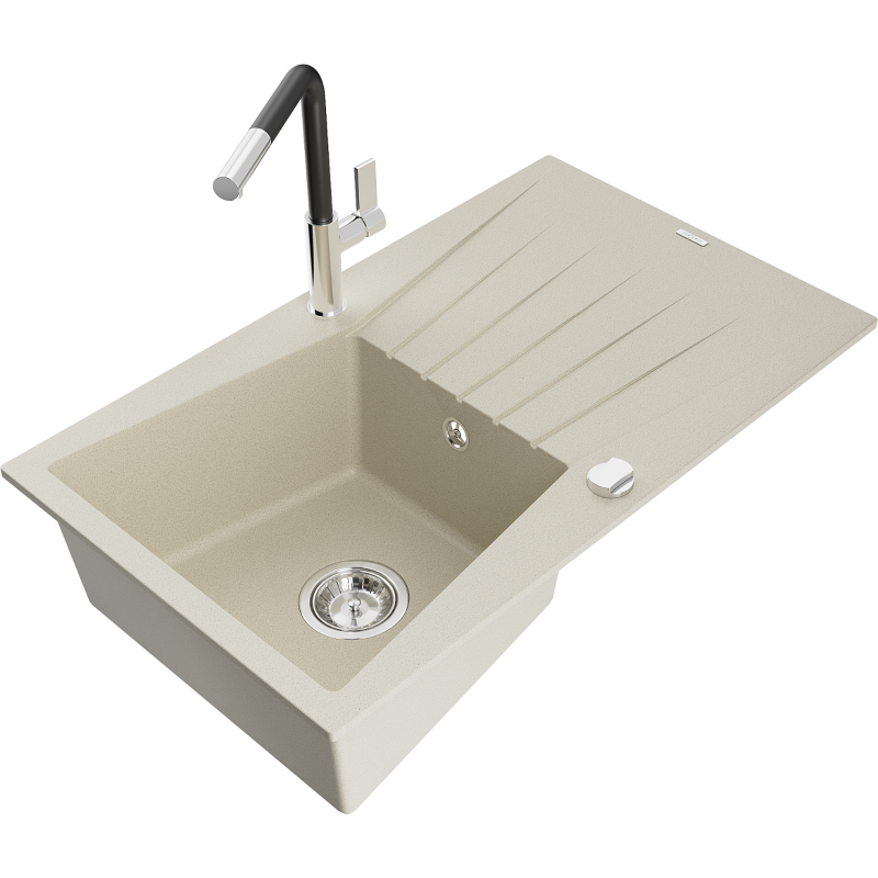Mexen Cesar fregadero de granito de 1 tazón con escurridor y grifo de cocina Flora, beige - 6514-69-670401-07